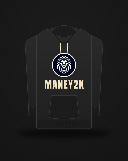 ManeY2K Boxy Hoodie — black, center lion badge and MANEY2K print