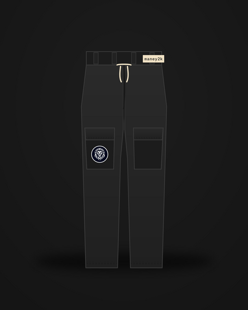 ManeY2K Cargo Pants — black ripstop, lion patch on cargo pocket