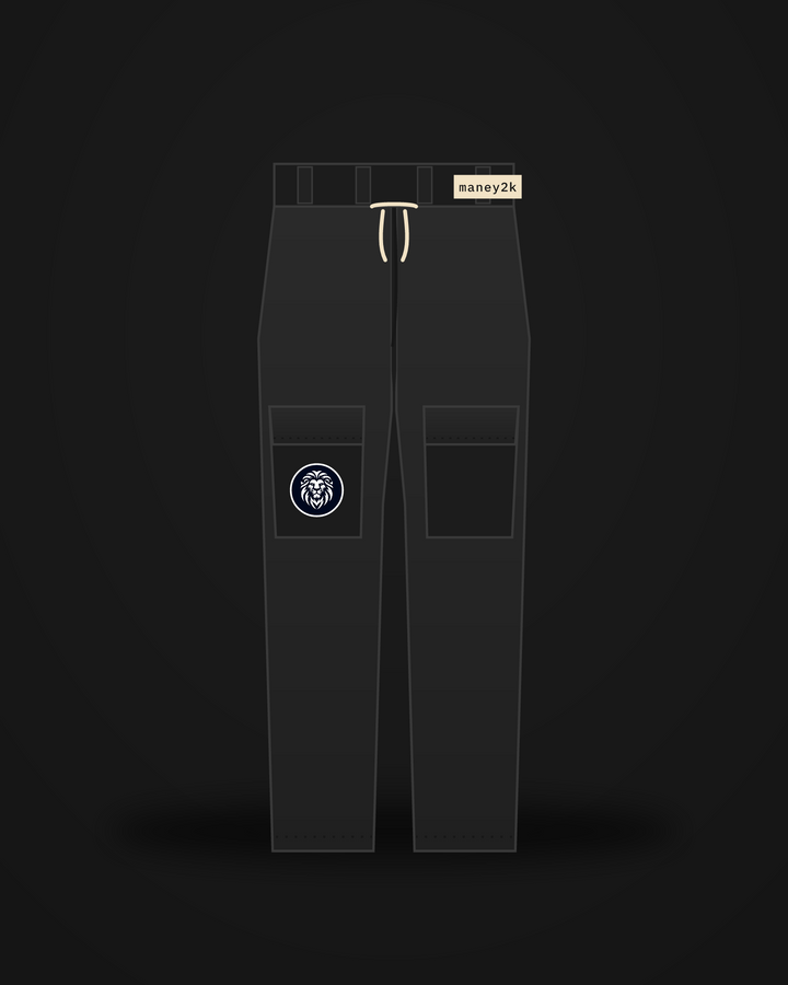 ManeY2K Cargo Pants — black ripstop, lion patch on cargo pocket