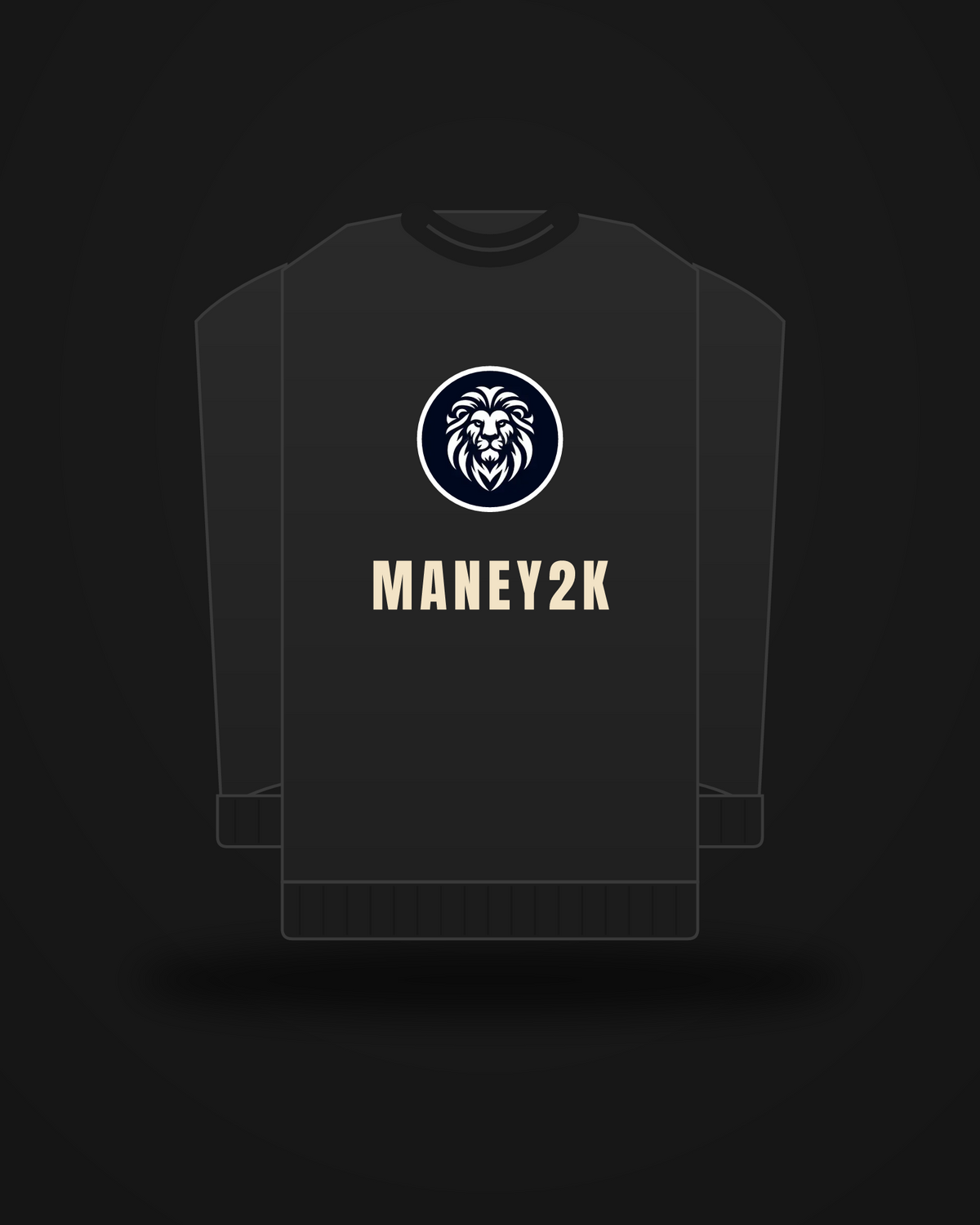 ManeY2K Heavy Crewneck — black, lion badge and MANEY2K chest hit