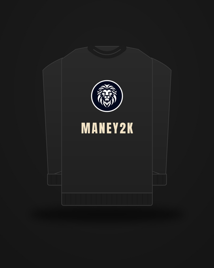ManeY2K Heavy Crewneck — black, lion badge and MANEY2K chest hit