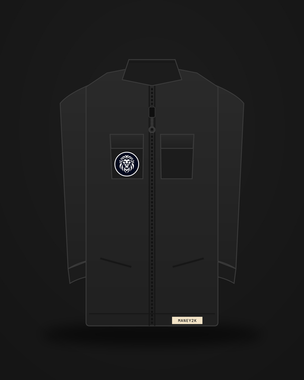 ManeY2K Utility Jacket — black canvas, storm collar, lion pocket patch